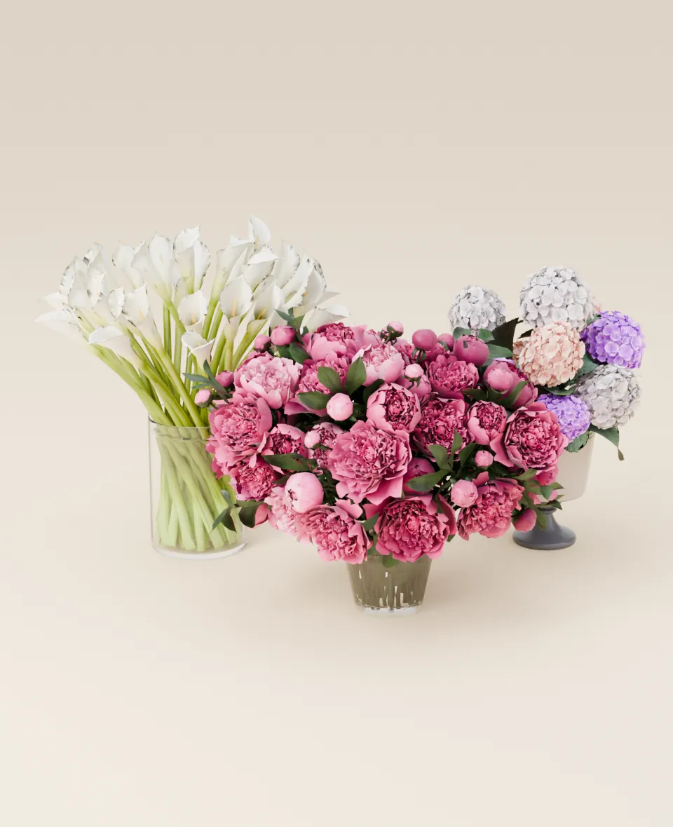 Calla lilies, peonies and hydrangea side by side