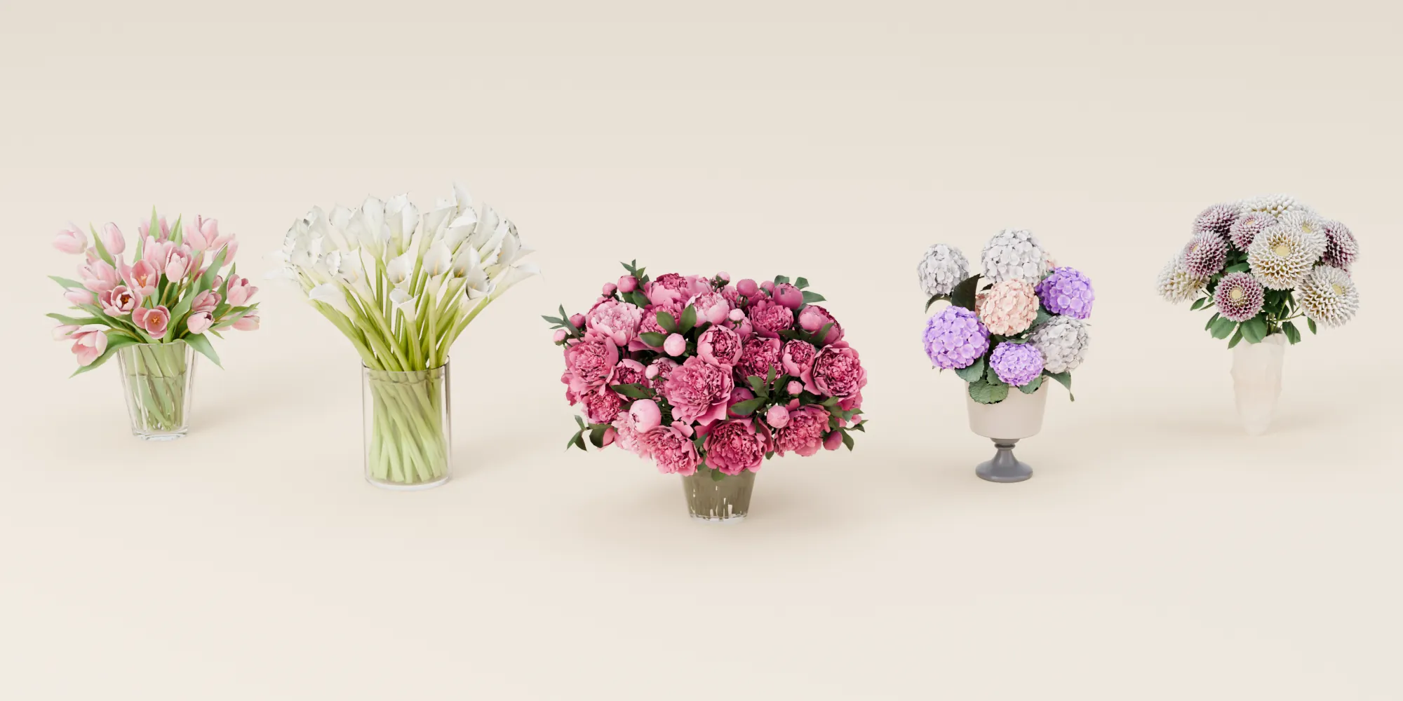 Tulips, calla lilies, peonies, hydrangea and dahlias in a row