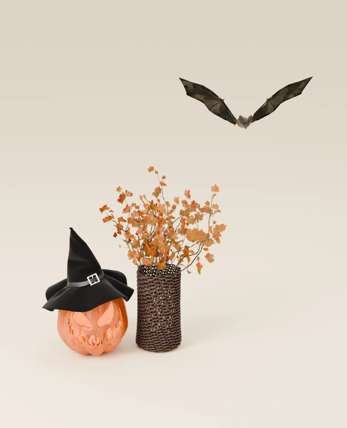 A jack-o’-lantern in a witch hat, autumn branches in a wicker vase and a bat above them