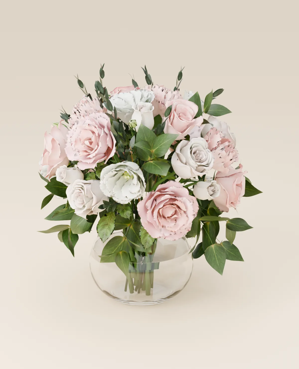Pink and white roses in a round glass vase