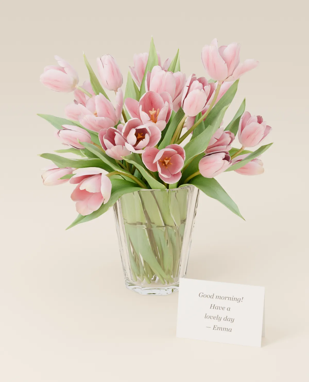Tulips in a vase with a “Good morning!” card
